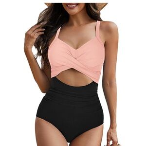NWT Eomenie Swimsuit Tummy Control Cutout High Waisted Wrap Tie Back Swimsuit L‎